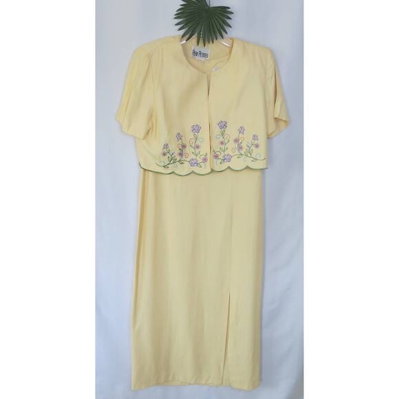 VINTAGE PERI PETITES Dress/Jacket Size 12 Short Sleeve Embroidered Yellow Summer - Picture 1 of 13